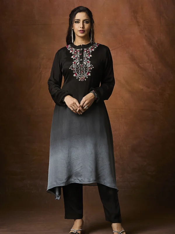 Black ombre embroidered straight kurta set with high low hem and pants