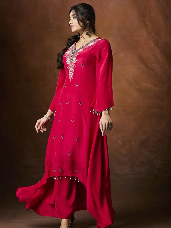 Red designer palazzo suit with embroidered kurta for festive wear