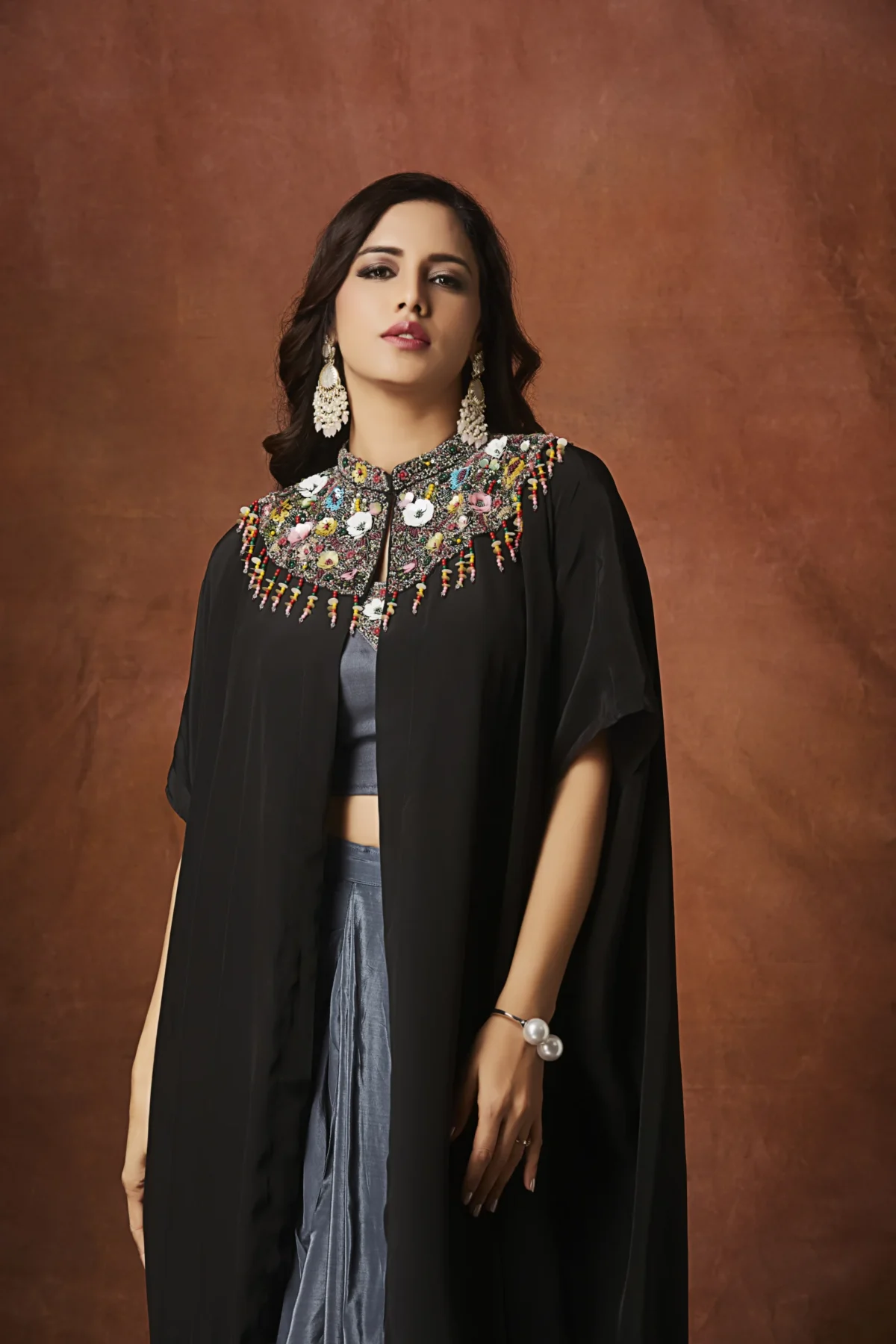 Midnight Muse Embellished Plazo Set with Statement Cape