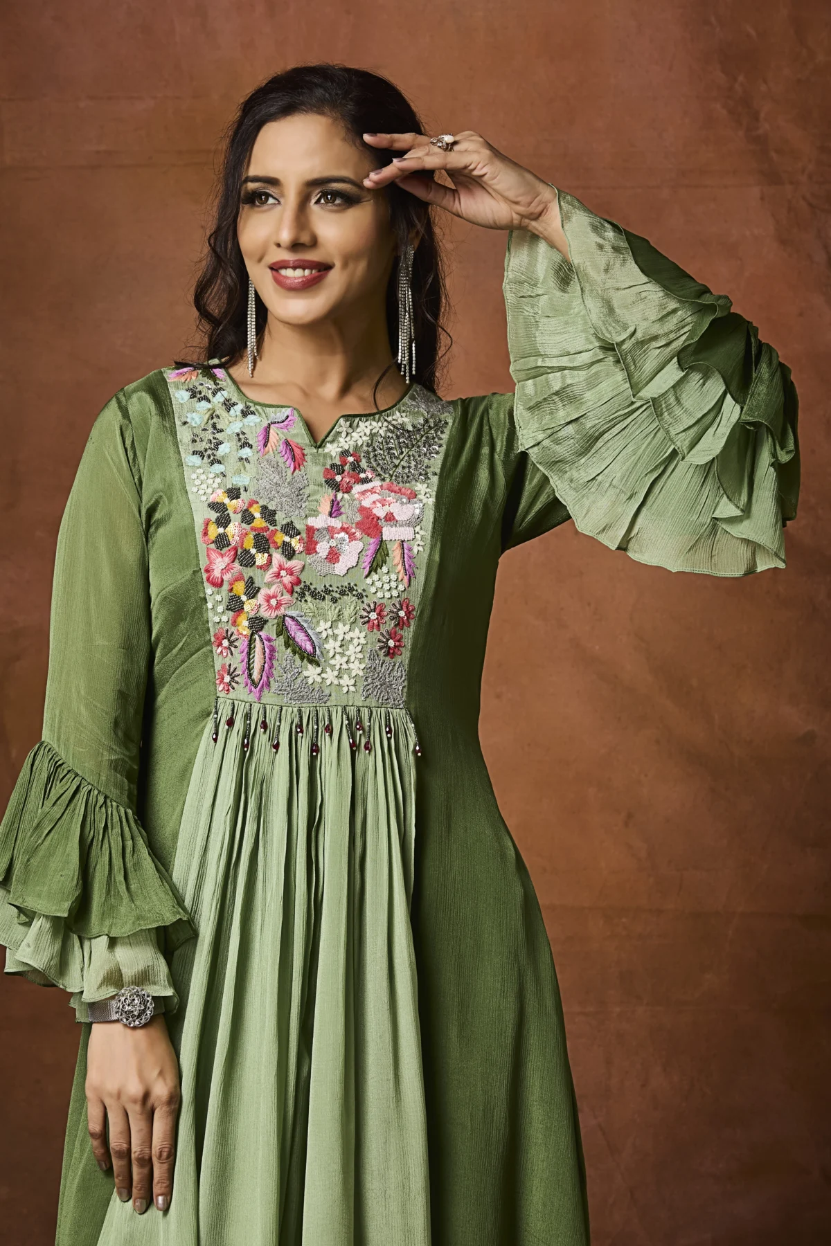 Olive green embroidered Indo Western kurta set with bell sleeves and palazzo pants