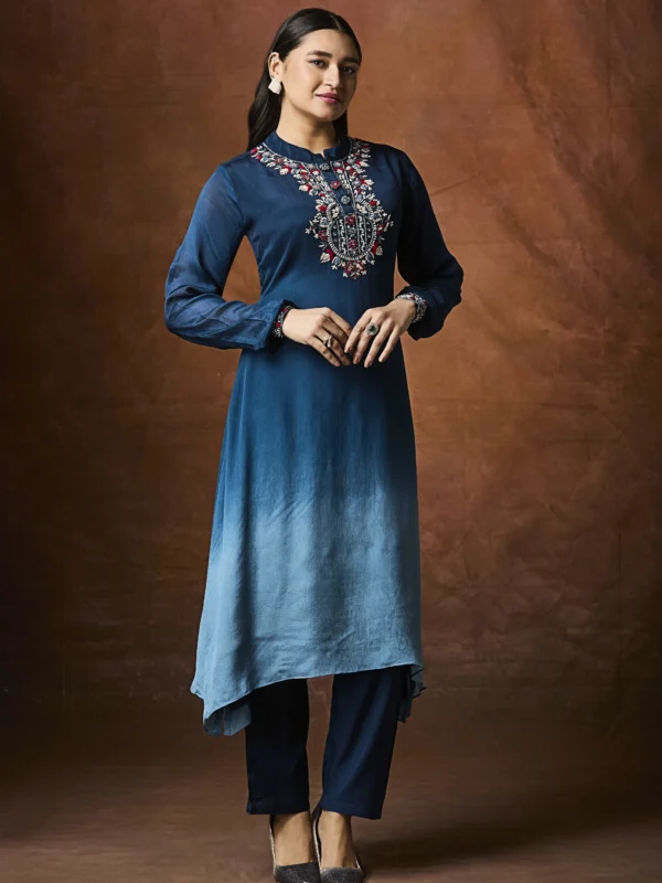 Teal ombre embroidered straight suit set with matching pants for women