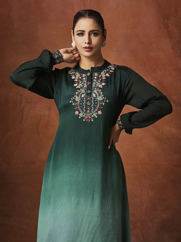 Emerald green embroidered straight suit set with matching pants for women