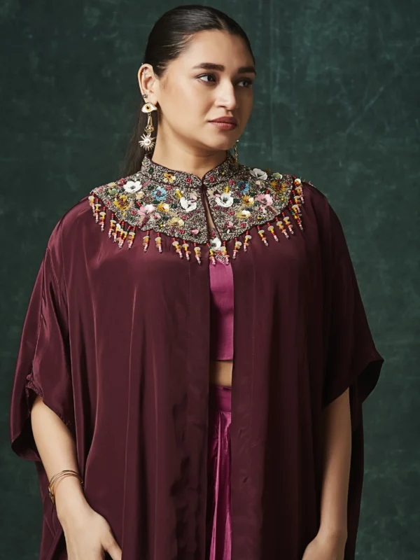 burgundy-embellished-draped-plazo-set-with-cape