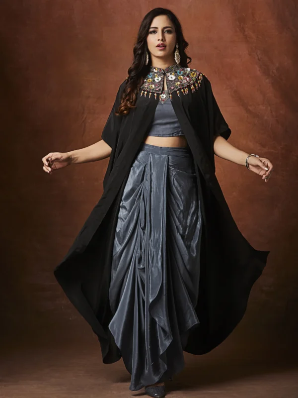 Charcoal grey embellished plazo set with statement black cape jacket for festive wear