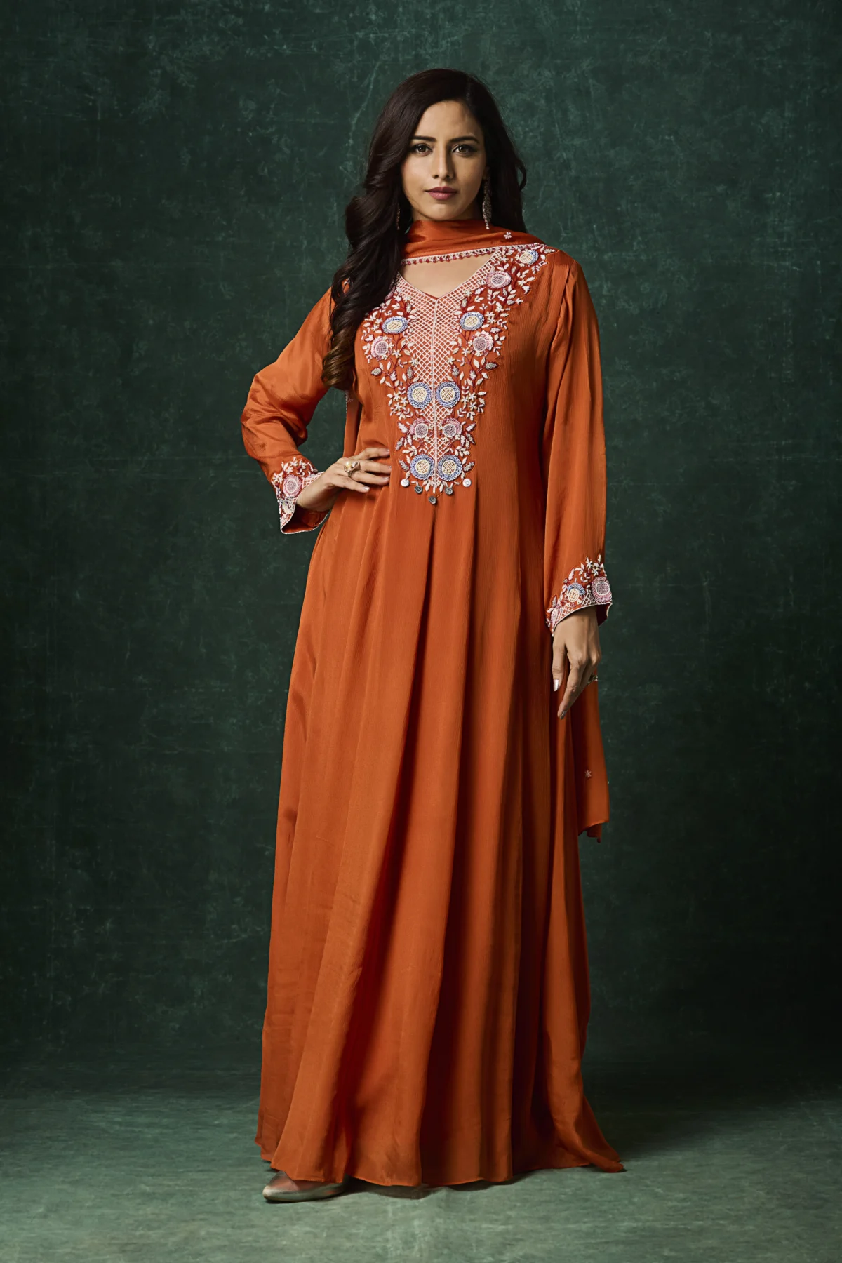 Rust embroidered Indo-Western long kurta dress with flowy silhouette and matching dupatta