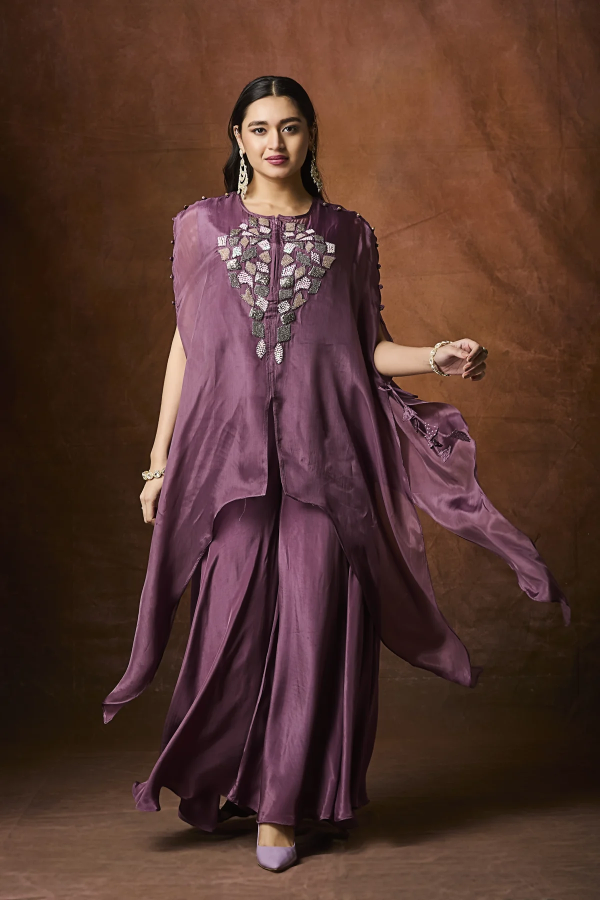 Plum embroidered cape-style Indo-Western ensemble with flowy layered design