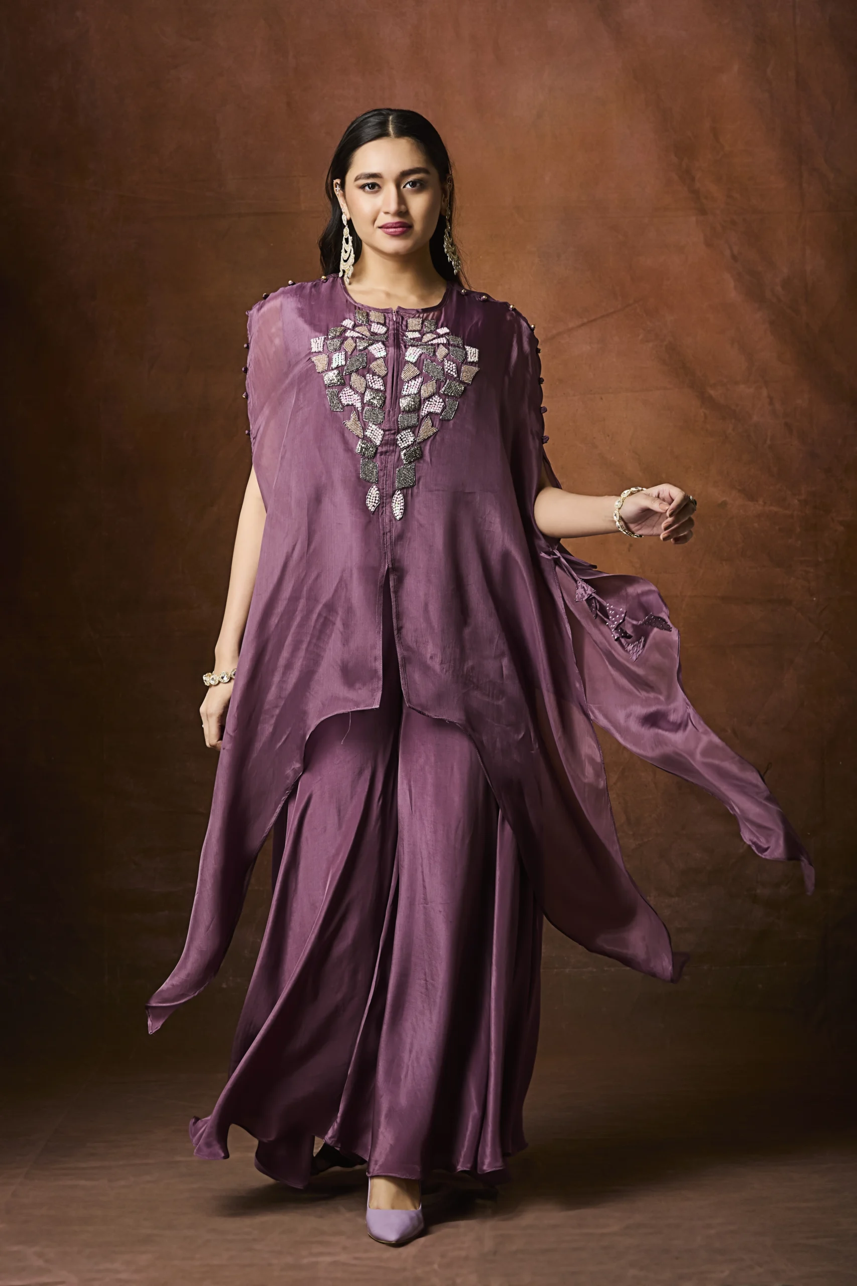 Plum embroidered cape-style Indo-Western ensemble with flowy layered design