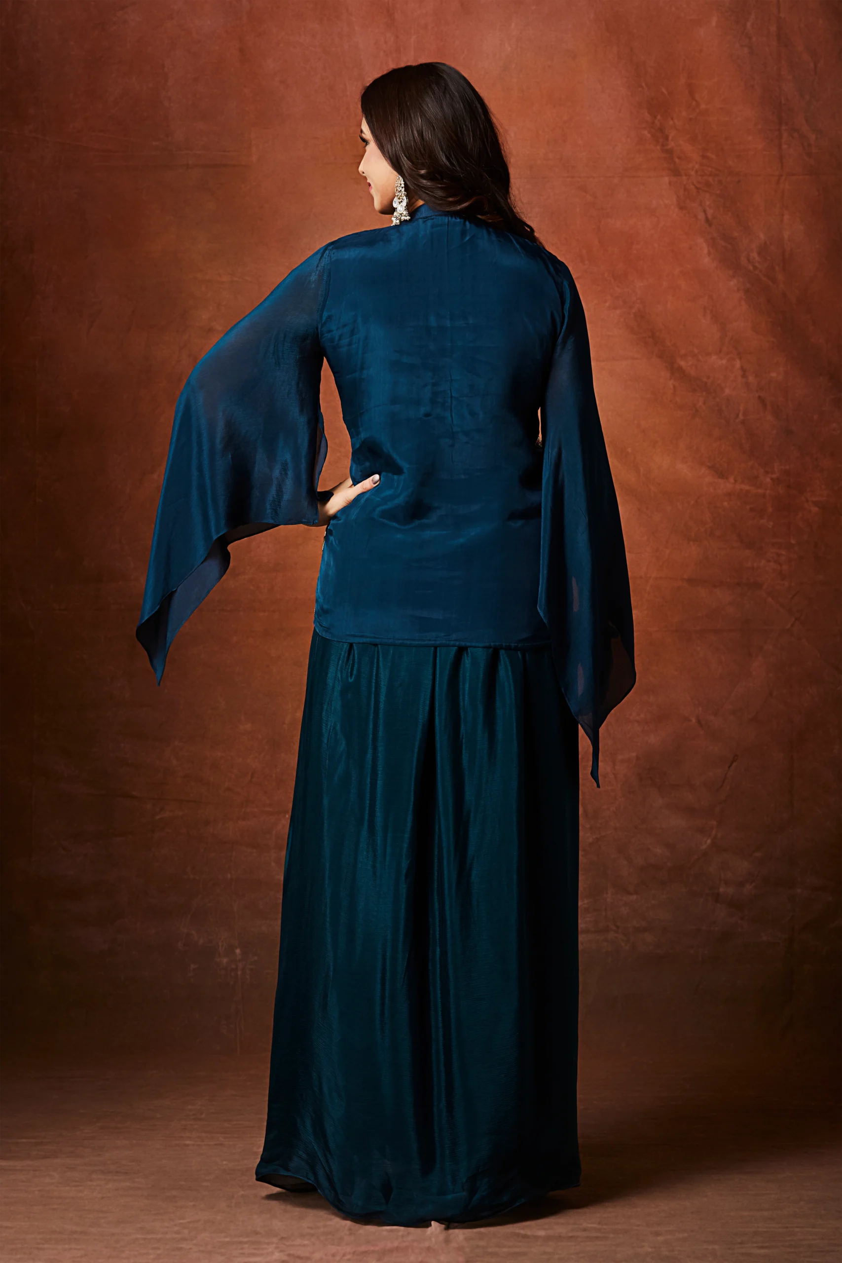 Midnight Teal Floral Embroidered Indo-Western Drape Ensemble - Image 5