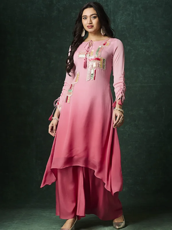 Blush pink embroidered Indo Western palazzo set with asymmetrical kurta and festive thread work detailing for women