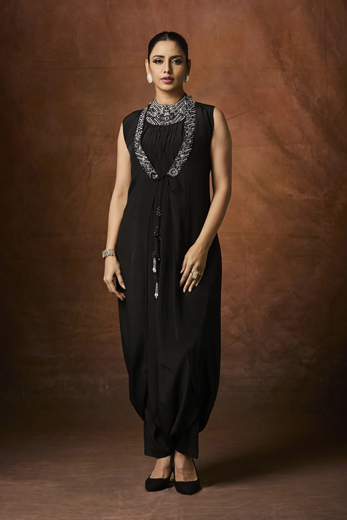 Black embellished Indo-Western draped outfit with designer neckline for cocktail and evening wear