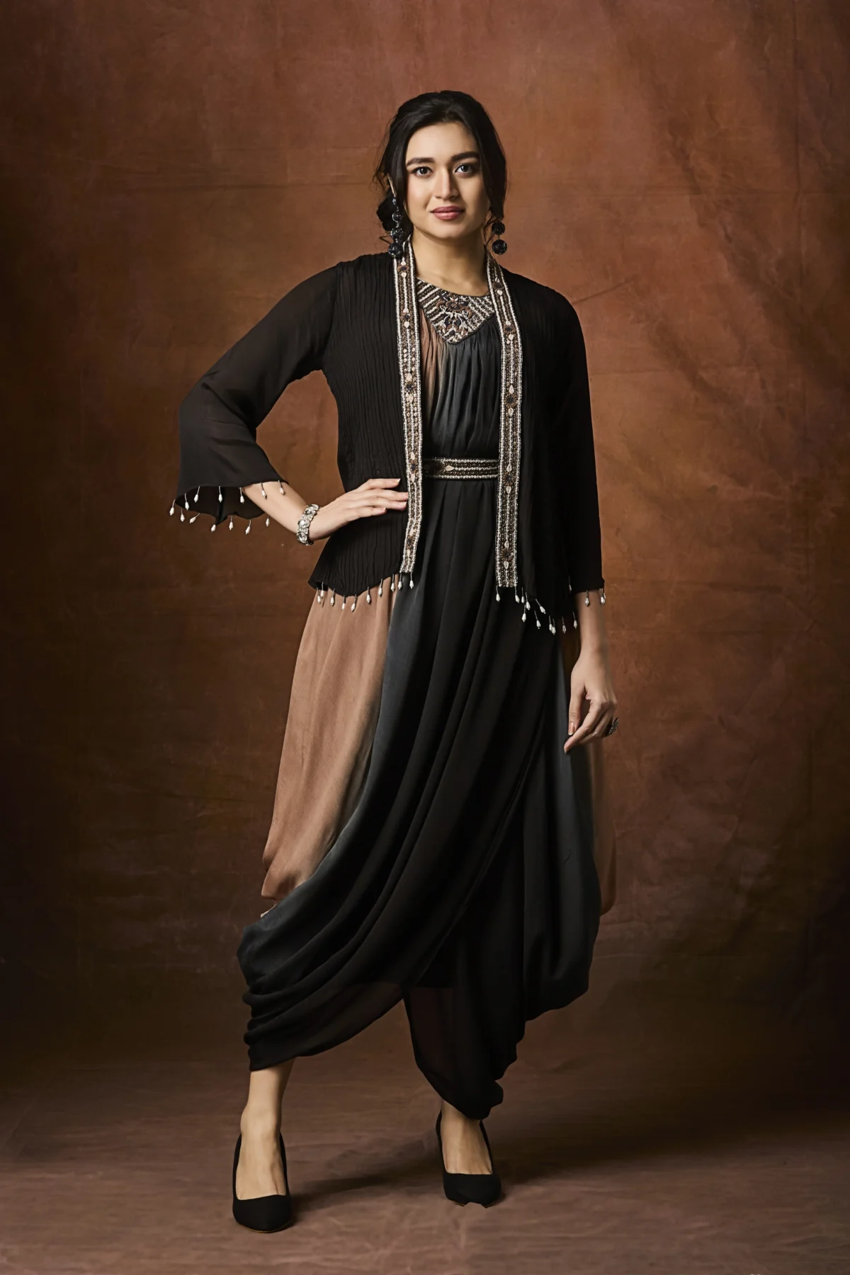 Black draped indo western dress with embellished jacket for women