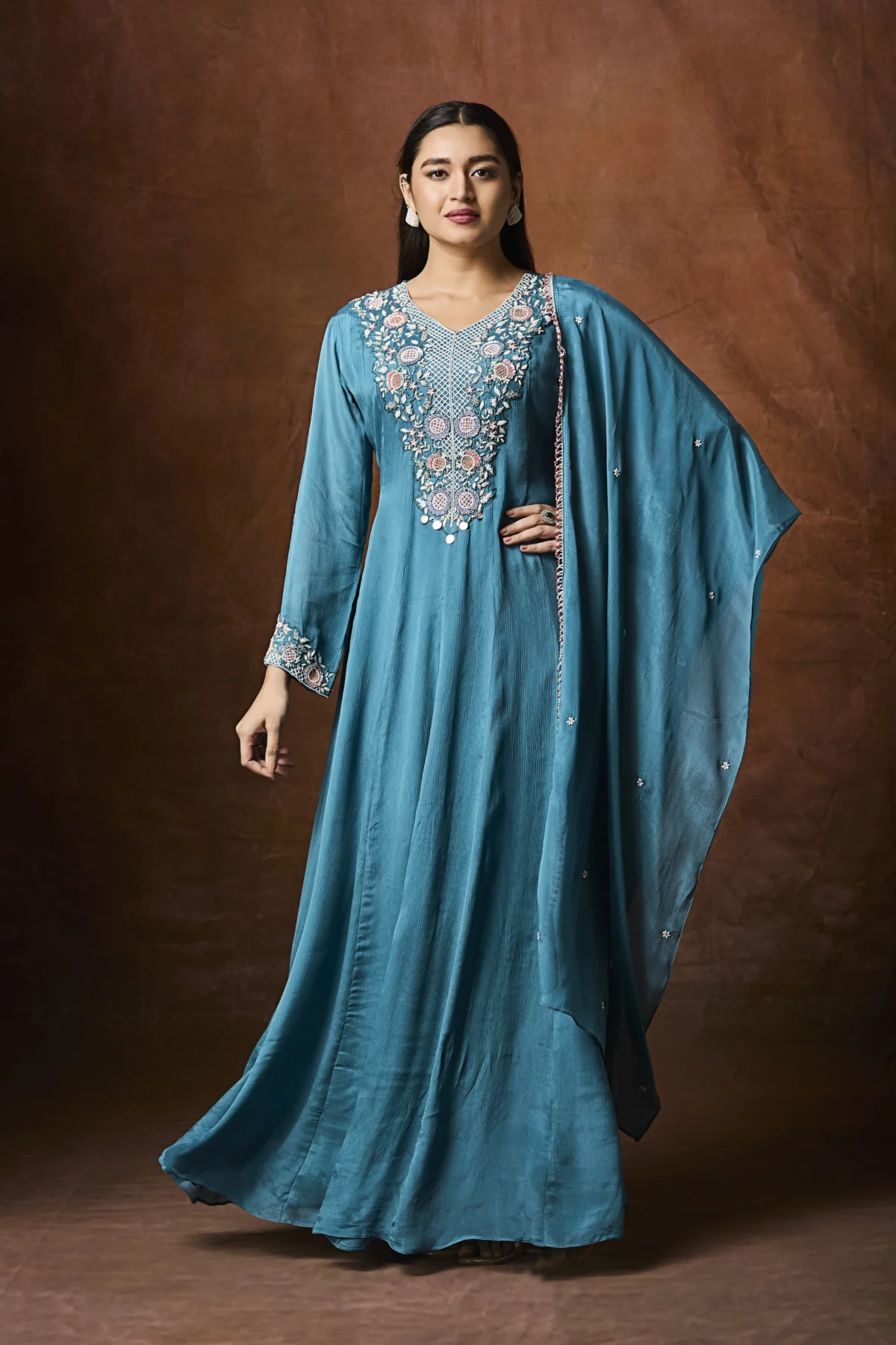 Teal embroidered Indo-Western long kurta dress with flowy silhouette and matching dupatta
