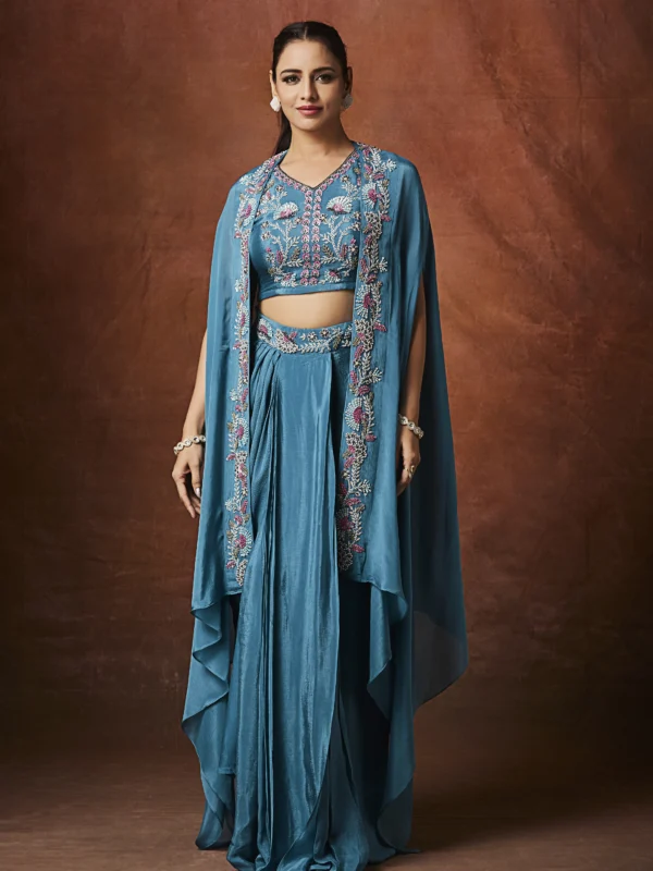 teal-blue-embellished-cape-draped-indo-western-ensemble
