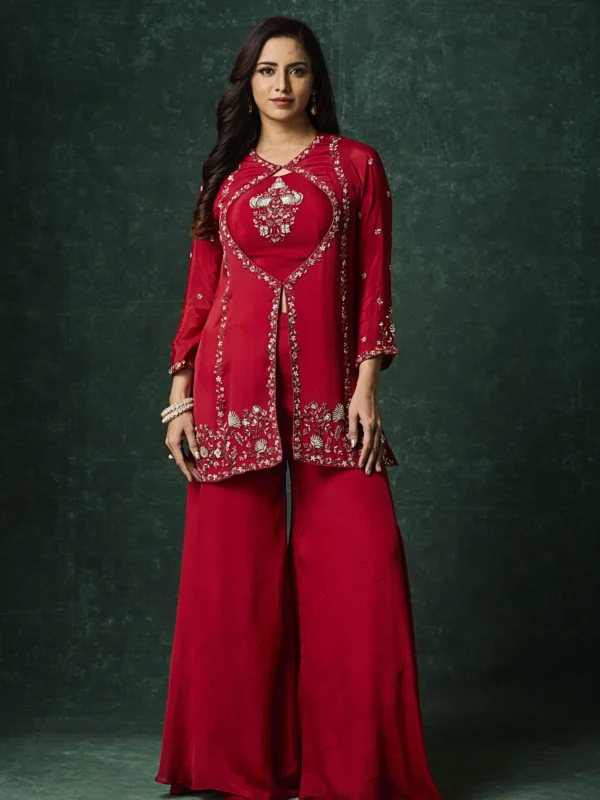 Crimson red embroidered jacket-style Indo-Western outfit for festive occasions
