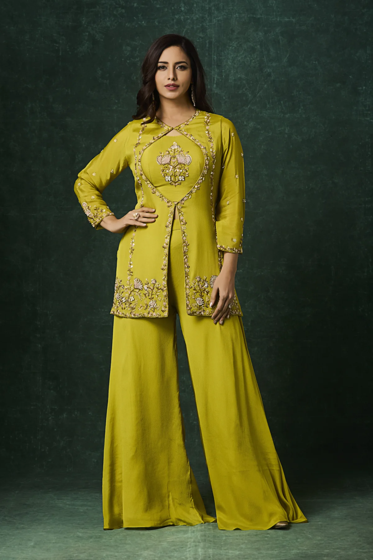 Olive green embroidered jacket-style Indo-Western outfit with coordinated flowy bottoms