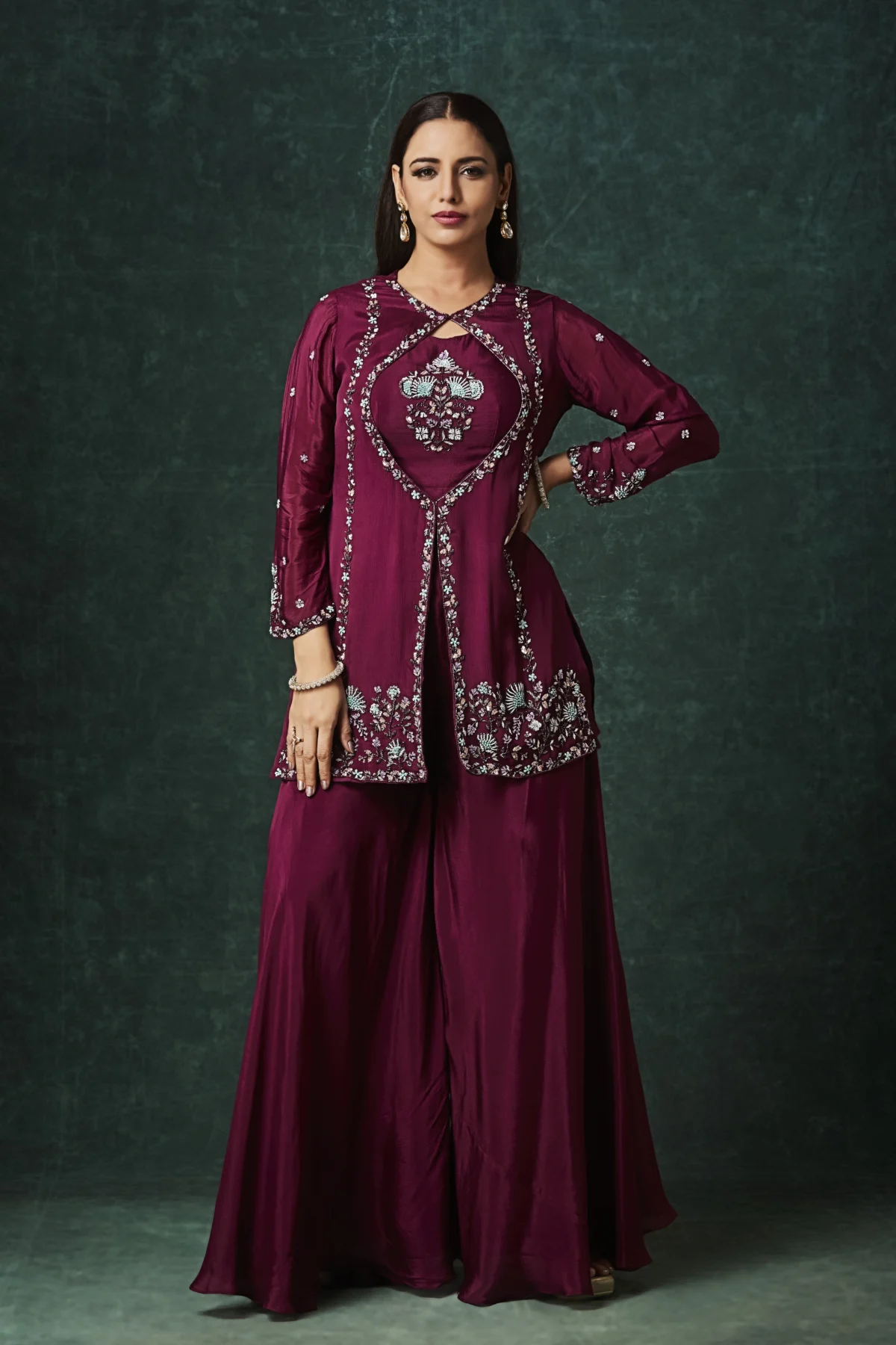 Wine embroidered jacket-style Indo-Western outfit with coordinated flowy lower