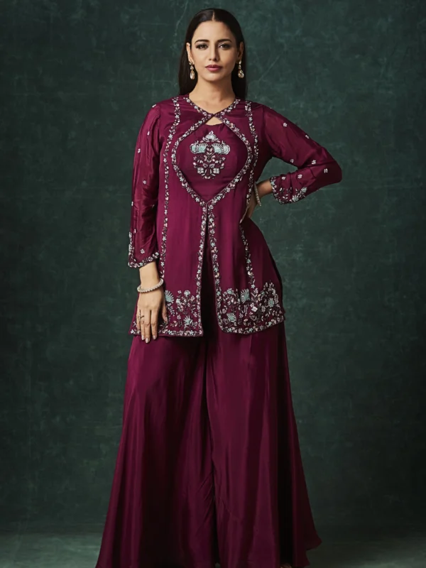 Wine embroidered jacket-style Indo-Western outfit with coordinated flowy lower
