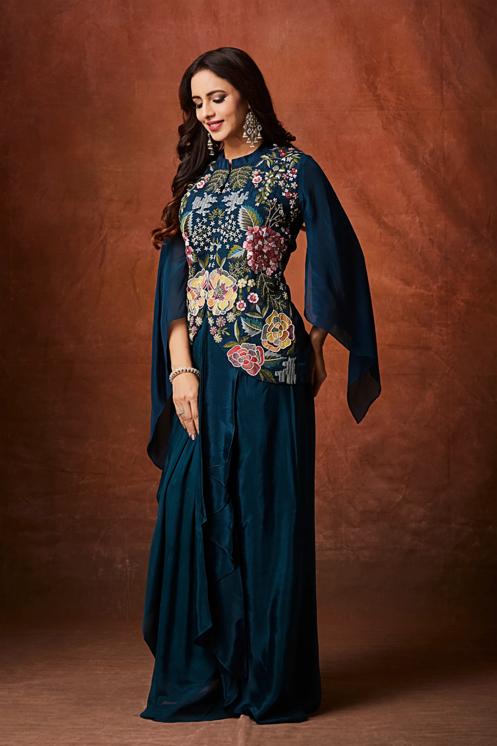 Midnight Teal Floral Embroidered Indo-Western Drape Ensemble - Image 3