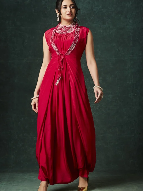 Crimson red embellished indo western draped maxi dress for women