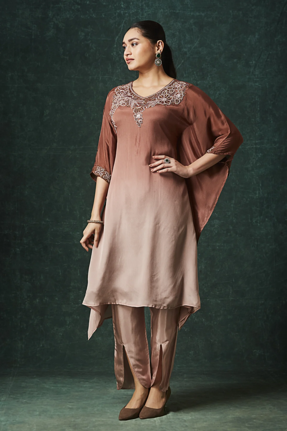 Mocha brown Indo Western cape kurta set with embroidered neckline and straight slit pants for festive wear.