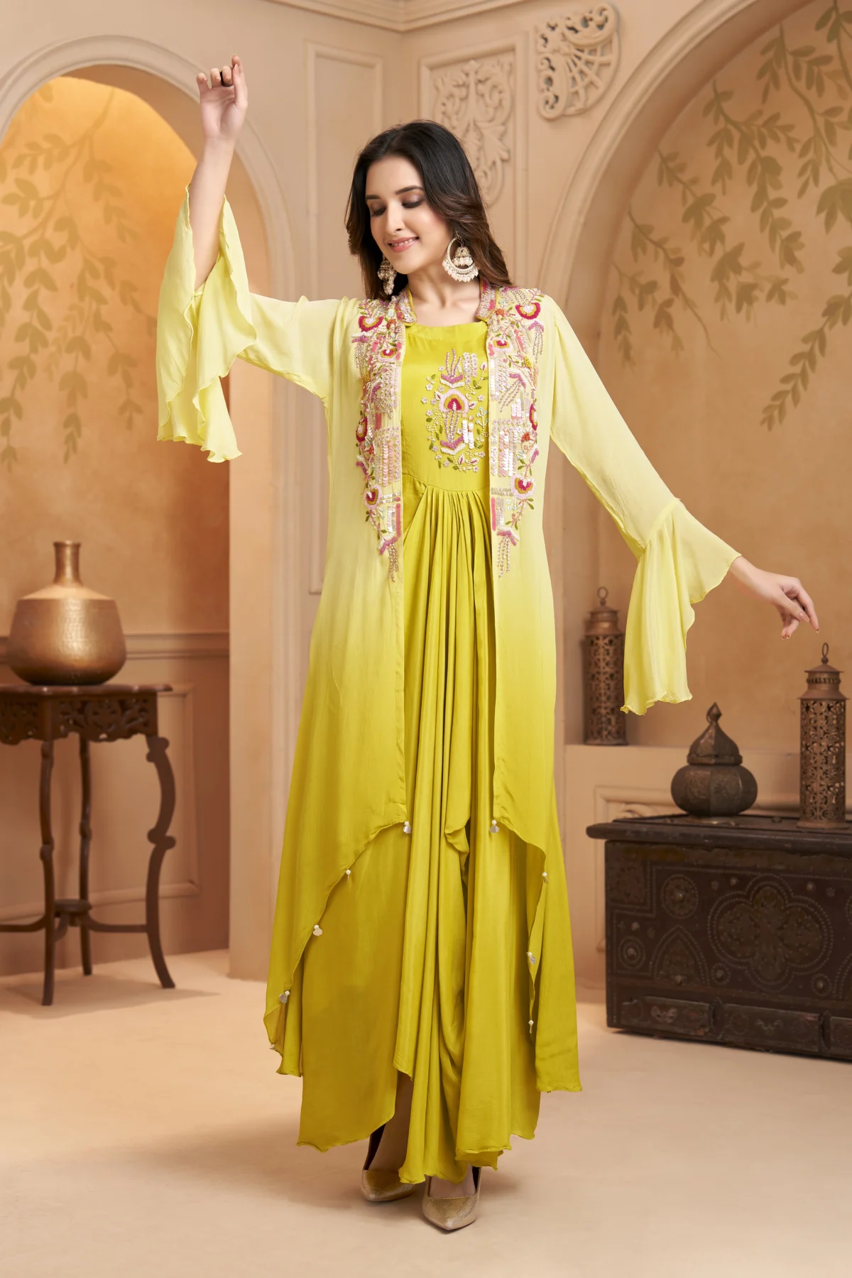 Bright yellow draped Indo Western gown set with embroidered bodice and dupatta for festive and haldi wear