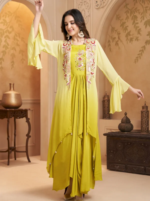 Bright yellow draped Indo Western gown set with embroidered bodice and dupatta for festive and haldi wear