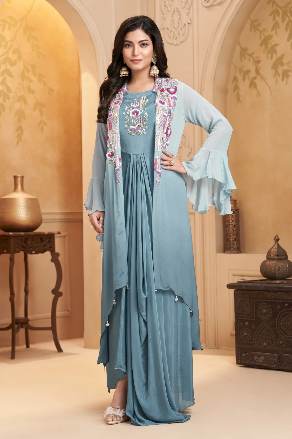Aqua blue layered Indo Western draped outfit with embroidered bodice and flared sleeves for wedding and festive wear