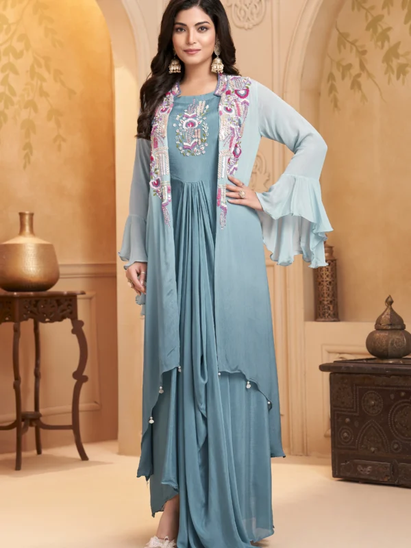Aqua blue layered Indo Western draped outfit with embroidered bodice and flared sleeves for wedding and festive wear
