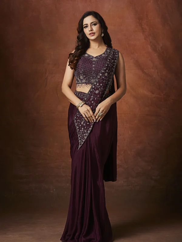 Wine embroidered draped saree with designer blouse for wedding and party wear