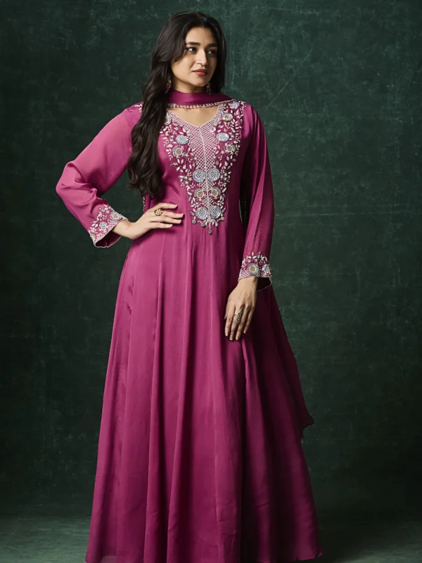 Wine embroidered Indo-Western long kurta dress with flowy silhouette and elegant detailing