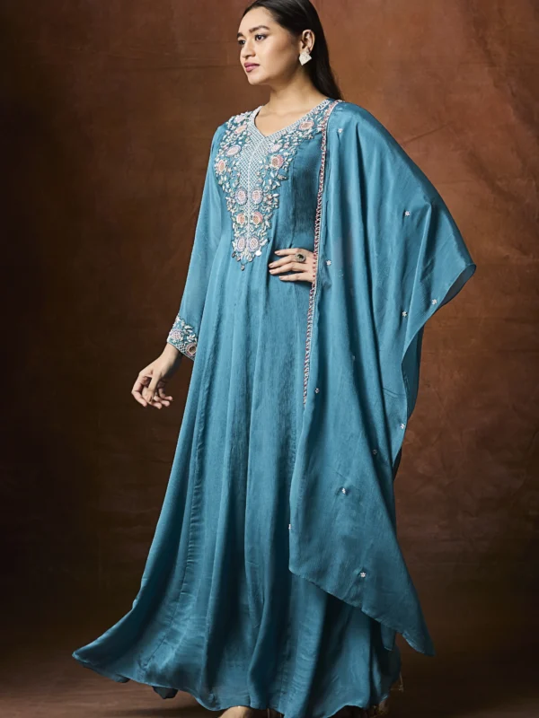 Teal embroidered Indo-Western long kurta dress with flowy silhouette and matching dupatta