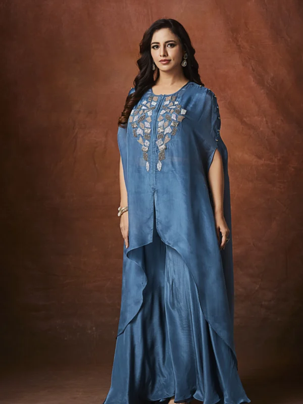 Steel blue embroidered Indo-Western layered kurti dress with cape-style overlay
