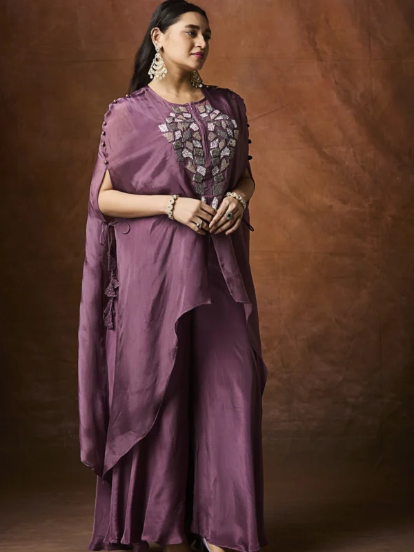 Plum embroidered cape-style Indo-Western ensemble with flowy layered design