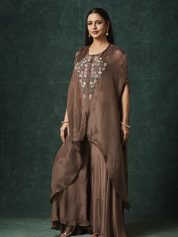 Mocha embellished cape-style Indo-Western ensemble with layered flowy silhouette