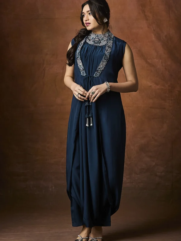 Midnight blue embellished indo western maxi dress for women