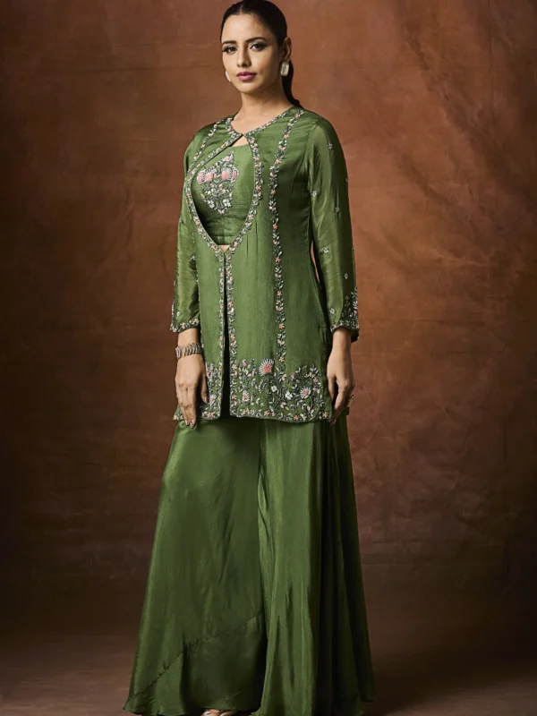 Forest green embroidered jacket-style Indo-Western outfit with coordinated flowy lower