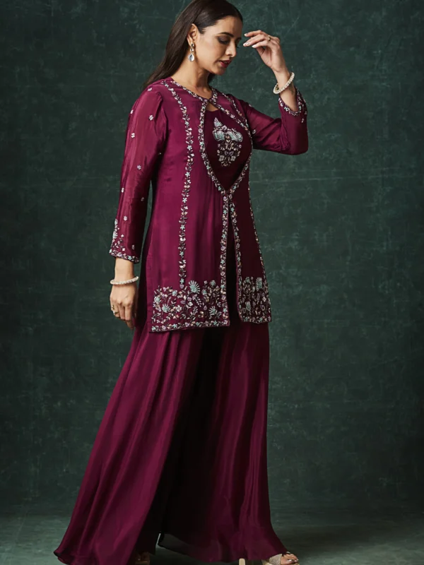 Wine embroidered jacket-style Indo-Western outfit with coordinated flowy lower