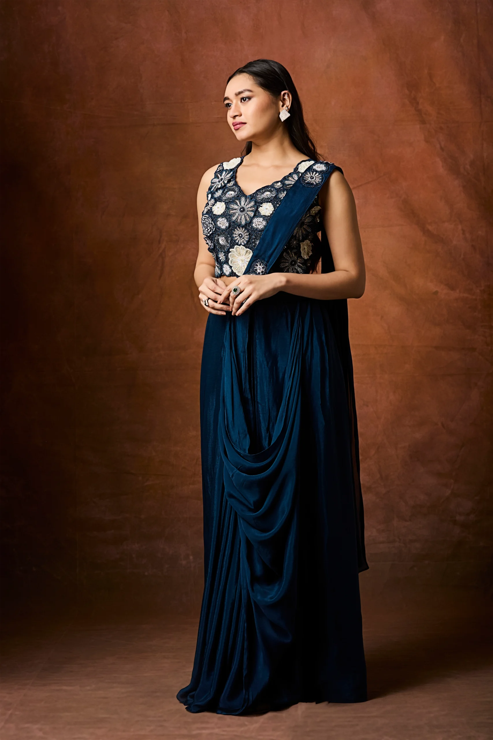 Midnight Teal Embroidered Pre-Draped Saree Set - Image 2