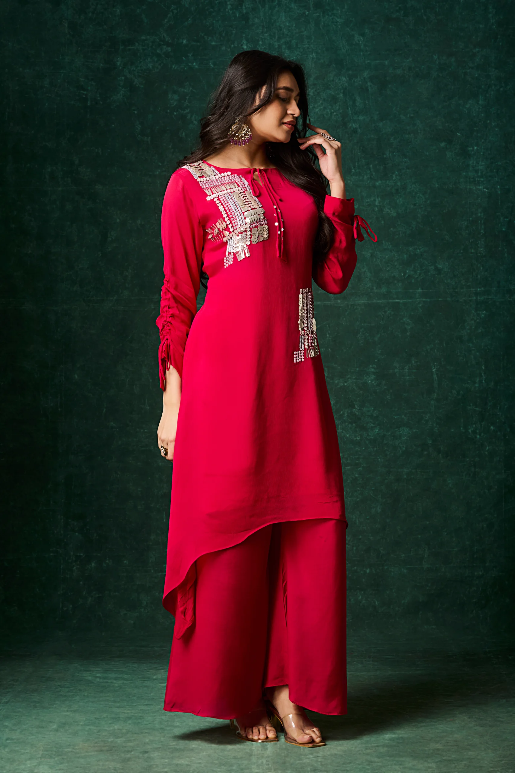 Scarlet Ember Asymmetrical Palazzo Suit Set - Image 2