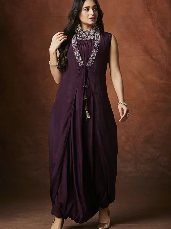 Wine color embellished indo western draped maxi dress for women