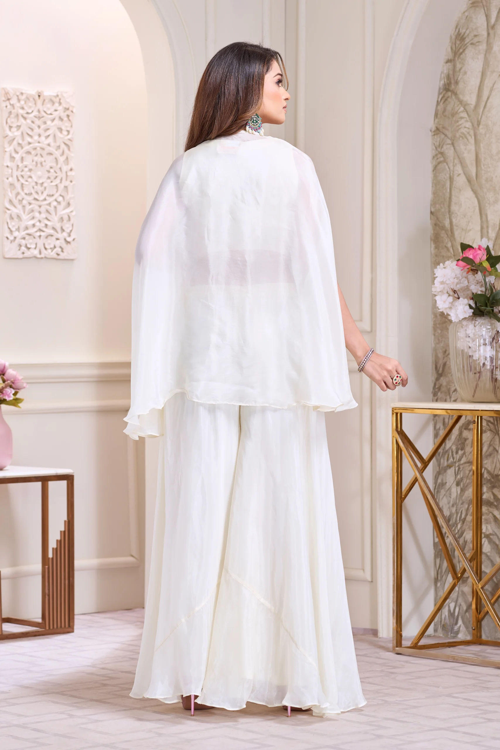 Ivory Bloom Embroidered Indo-Western Cape Set - Image 3