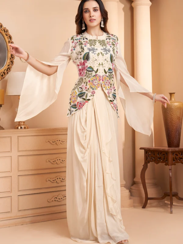 Ivory Indo Western drape set with multicolour floral embroidery and cape sleeves for wedding and festive wear.
