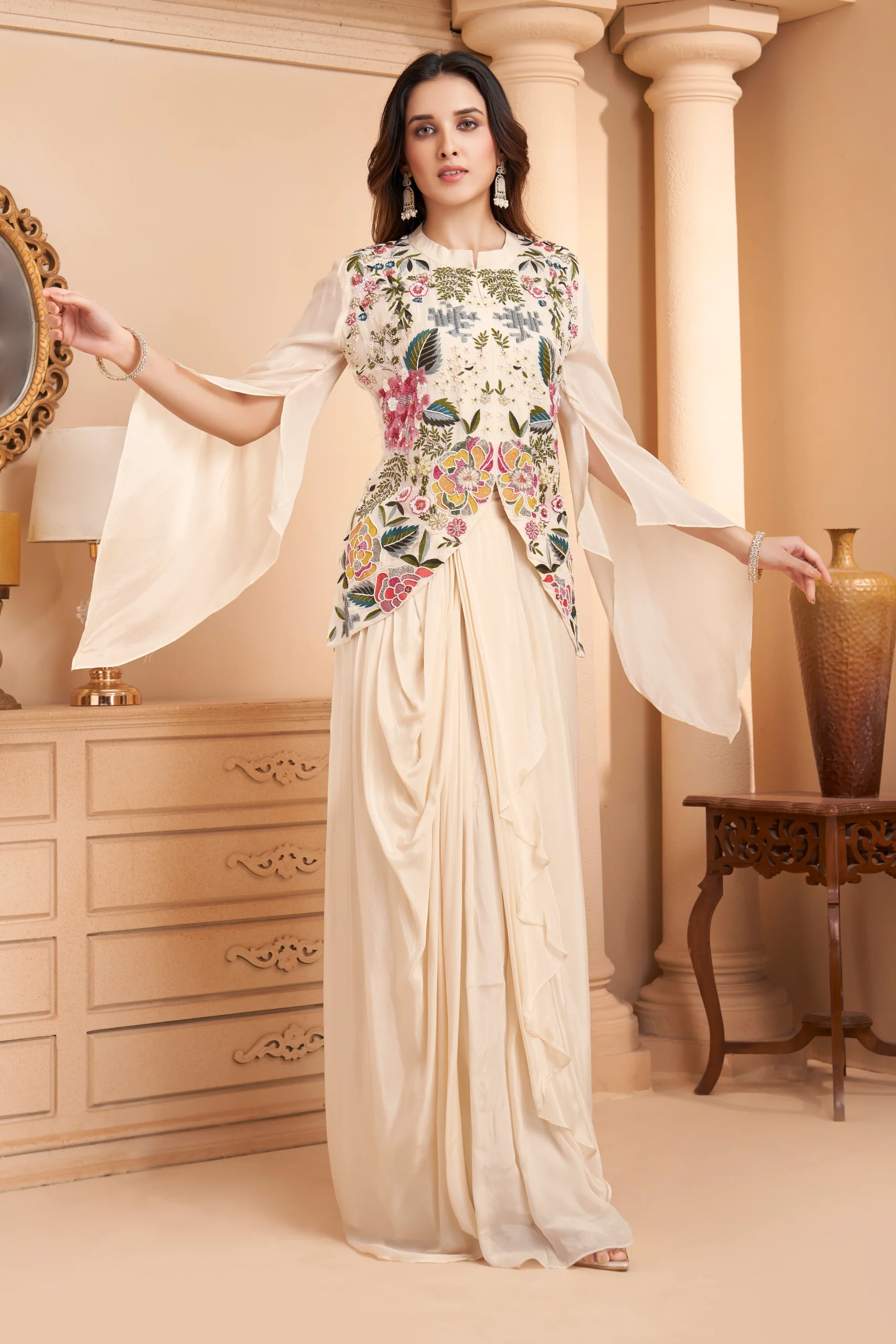 Ivory Bloom Embroidered Indo-Western Drape Set - Image 2