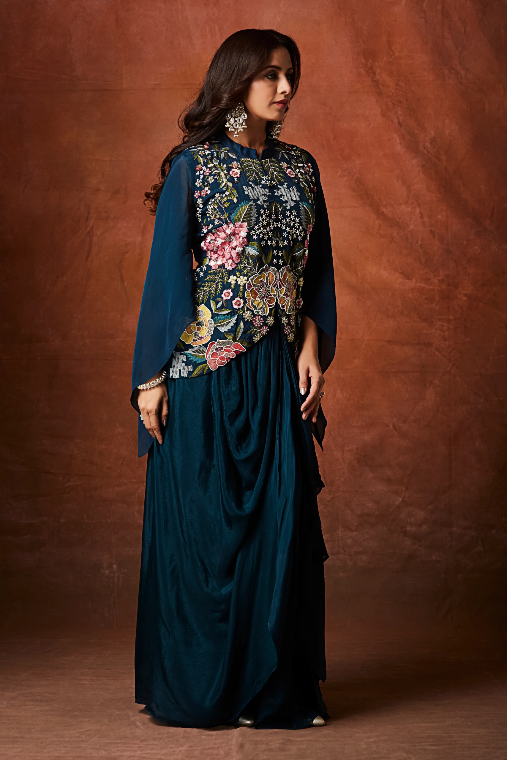 Midnight Teal Floral Embroidered Indo-Western Drape Ensemble - Image 2