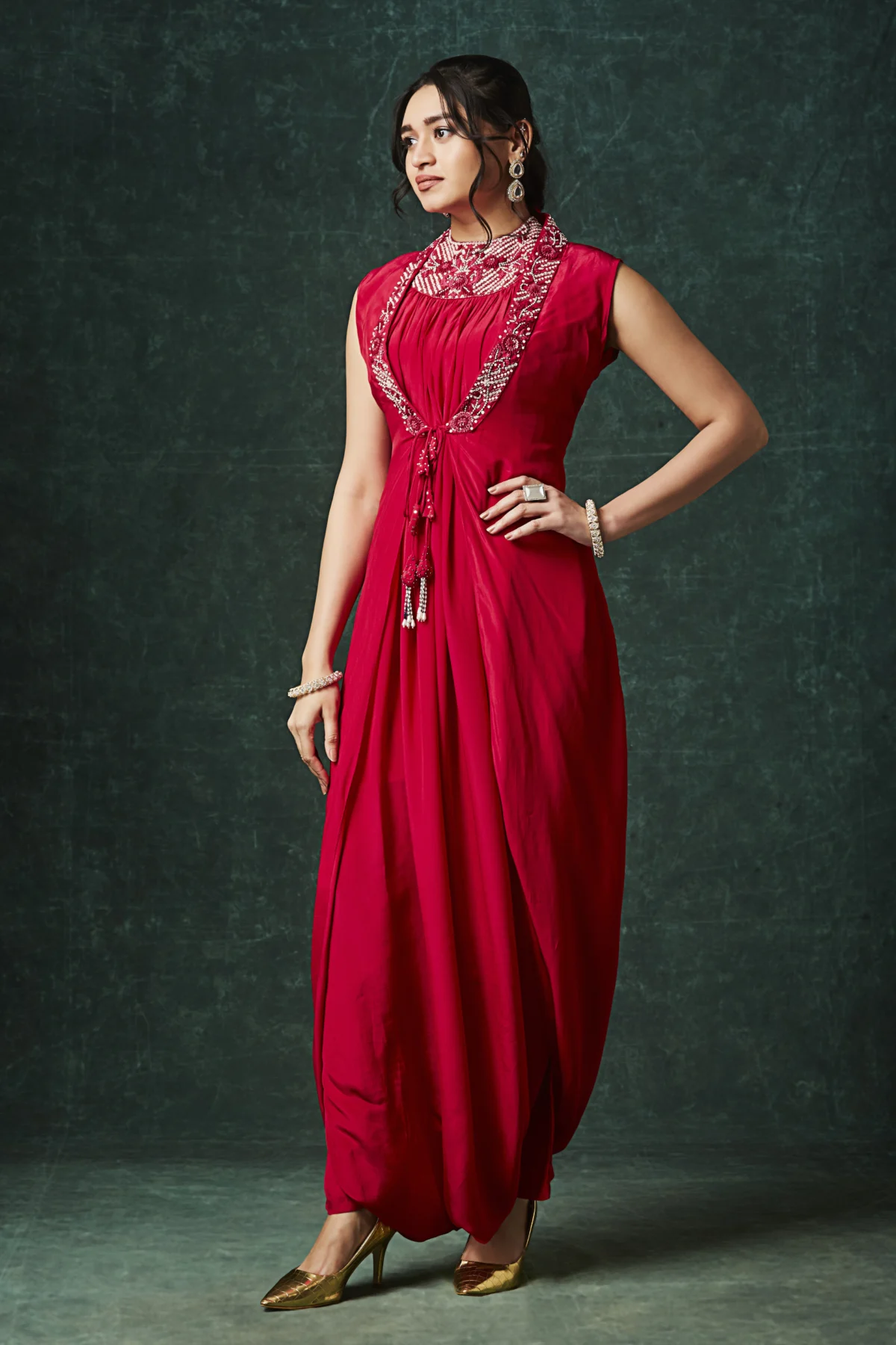 Crimson red embellished indo western draped maxi dress for women