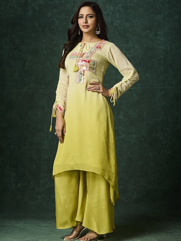 Citrine yellow embroidered Indo Western palazzo set with asymmetrical kurta and multicolor festive thread work for women