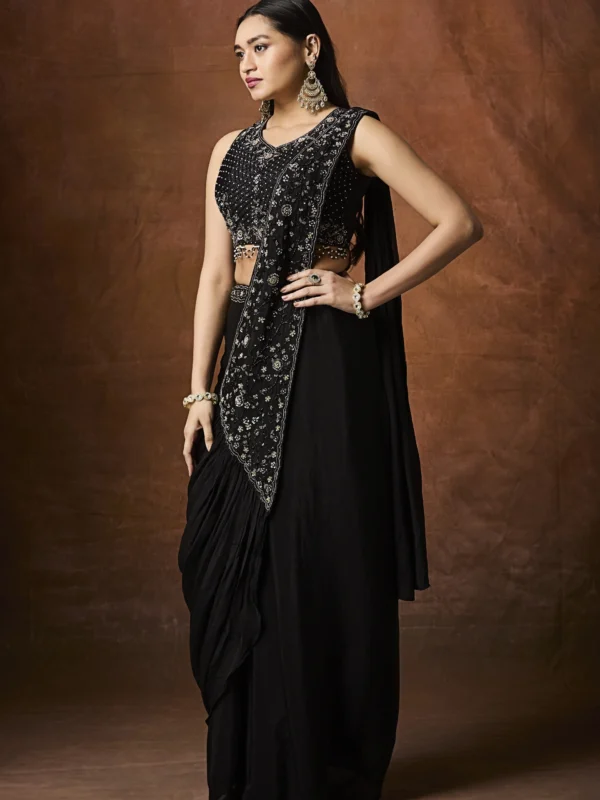 Black embellished pre draped saree for women with designer blouse
