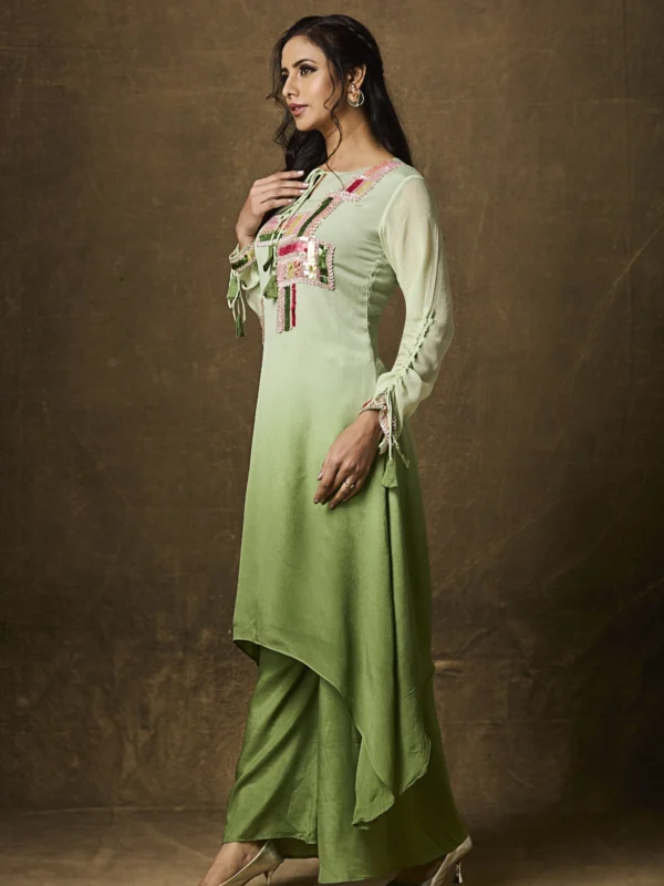 Olive green embroidered Indo Western palazzo set with asymmetrical kurta and festive multicolor thread work for women