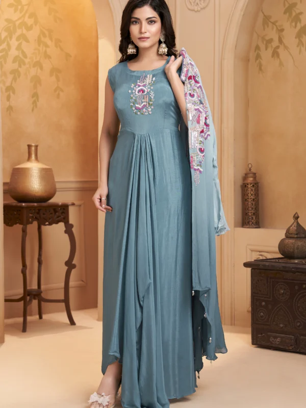 Aqua blue layered Indo Western draped outfit with embroidered bodice and flared sleeves for wedding and festive wear
