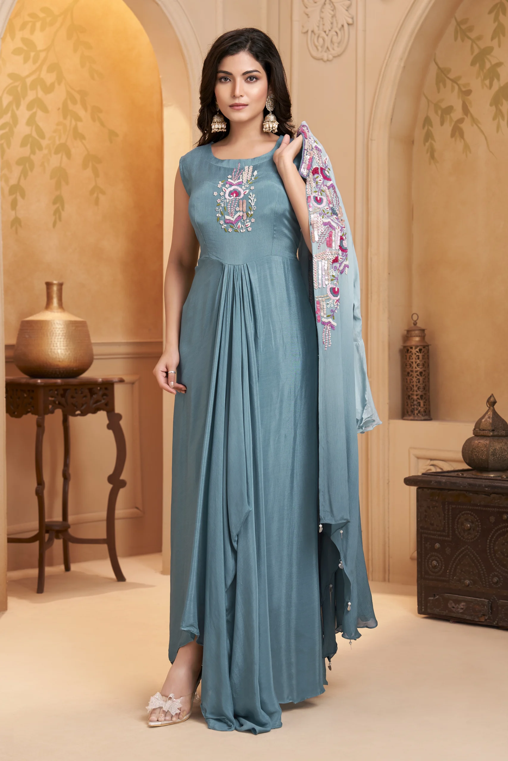 Aqua Meher Layered Indo-Western Draped Ensemble - Image 2